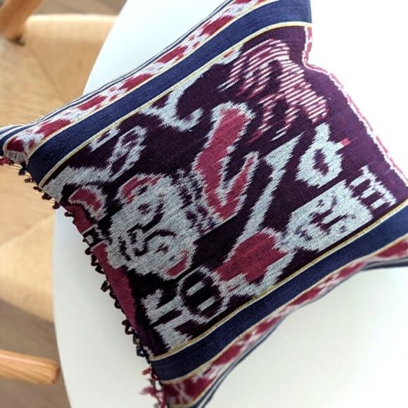 Linen & Denim Ikat Fringe Throw Pillow V1 - Picture 1 of 8